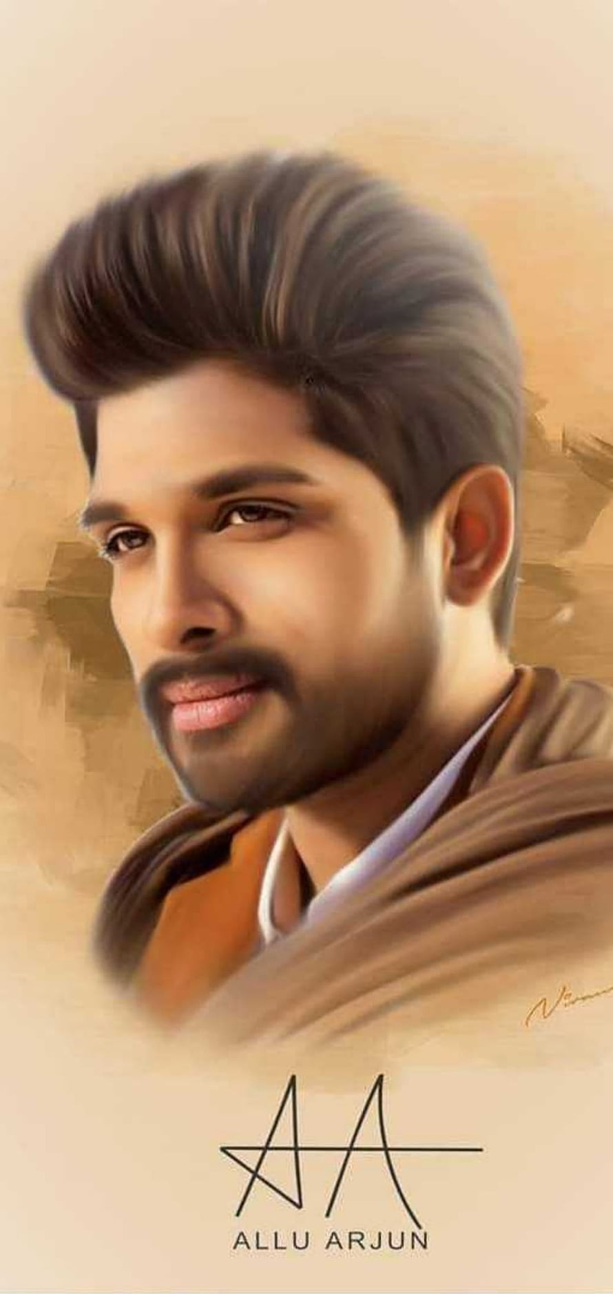 Allu Arjun Digital Portrait with Signature Logo and Warm Toned Background HD phone wallpaper