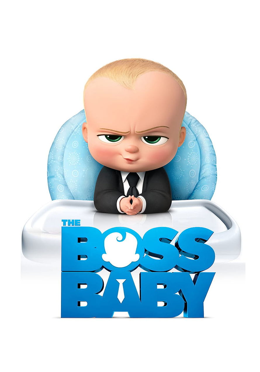 The Boss Baby Character in Black Suit Sitting in High Chair with Blue Title Logo HD phone wallpaper