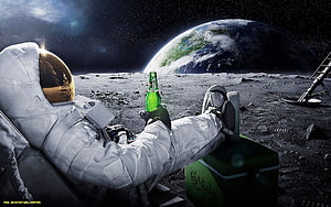 Astronaut Relaxing on the Moon Surface with a Green Bottle and Earth in the Background HD wallpaper