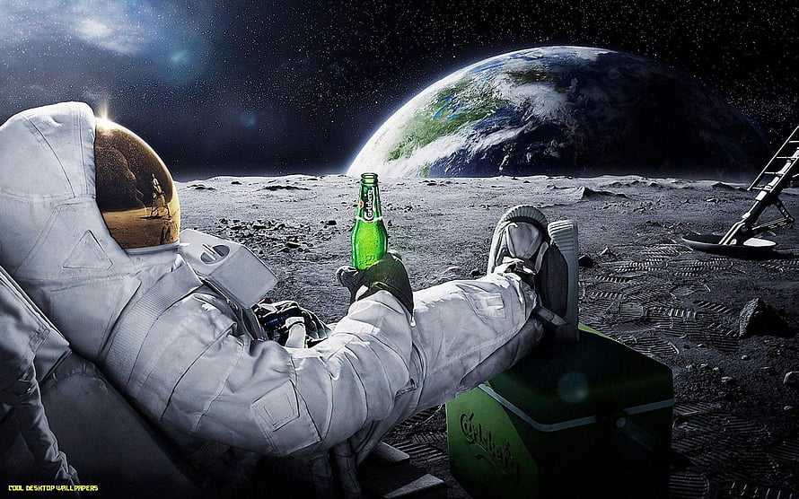 Astronaut Relaxing on the Moon Surface with a Green Bottle and Earth in the Background HD wallpaper