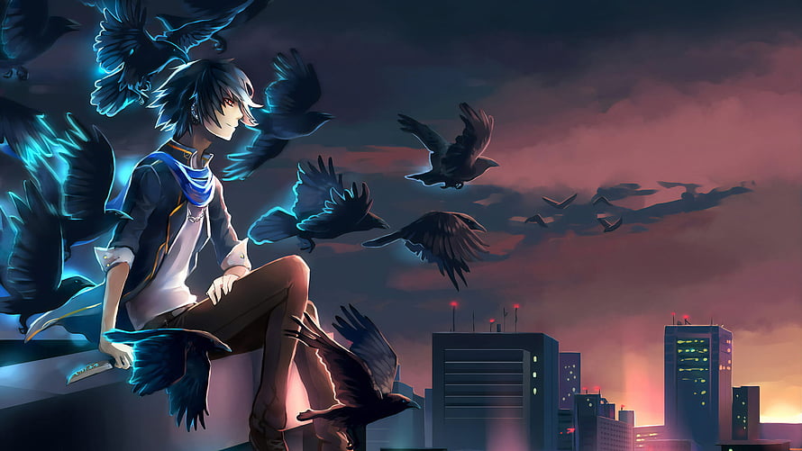Anime Character Sitting on Rooftop with Glowing Crows at Dusk HD wallpaper
