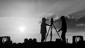 Silhouette of two surveyors operating a total station on a construction site at sunset HD wallpaper