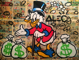 Alec Monopoly Scrooge McDuck Street Art with Money Bags and Comic Book Background HD wallpaper