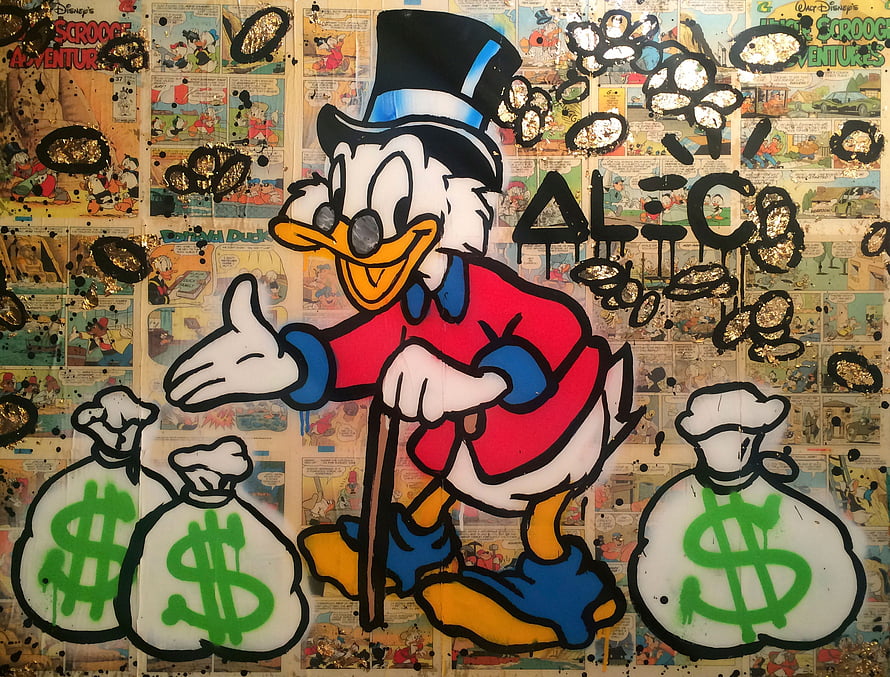 Alec Monopoly Scrooge McDuck Street Art with Money Bags and Comic Book Background HD wallpaper