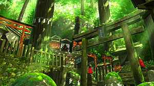 Mossy Japanese Shrine in Lush Forest with Torii Gates and Stone Stairs HD wallpaper