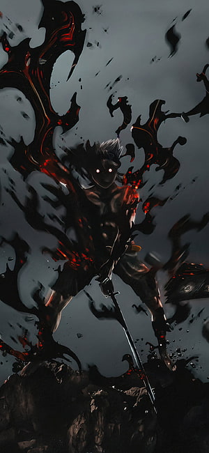 Asta from Black Clover wielding a sword amid dark energy and red embers in a dramatic anime illustration HD phone wallpaper
