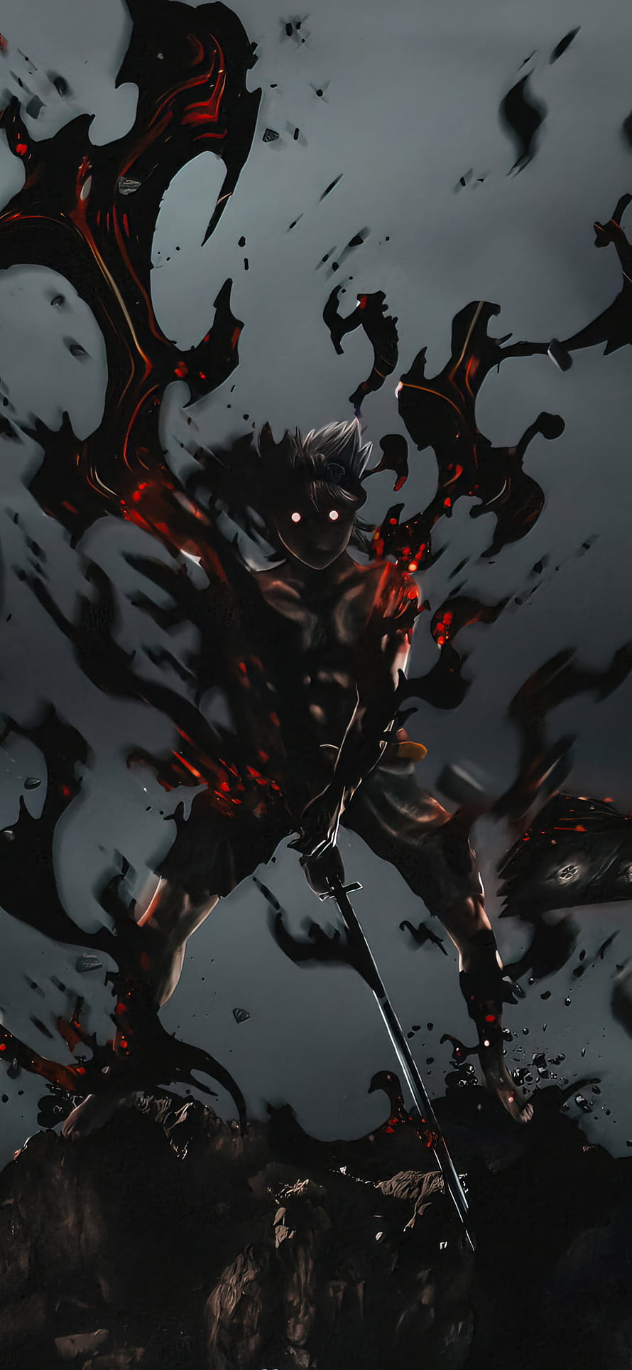 Asta from Black Clover wielding a sword amid dark energy and red embers in a dramatic anime illustration HD phone wallpaper