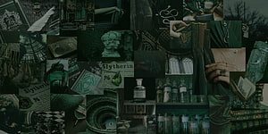 Slytherin House Aesthetic Collage with Dark Green Potions and Vintage Books HD wallpaper