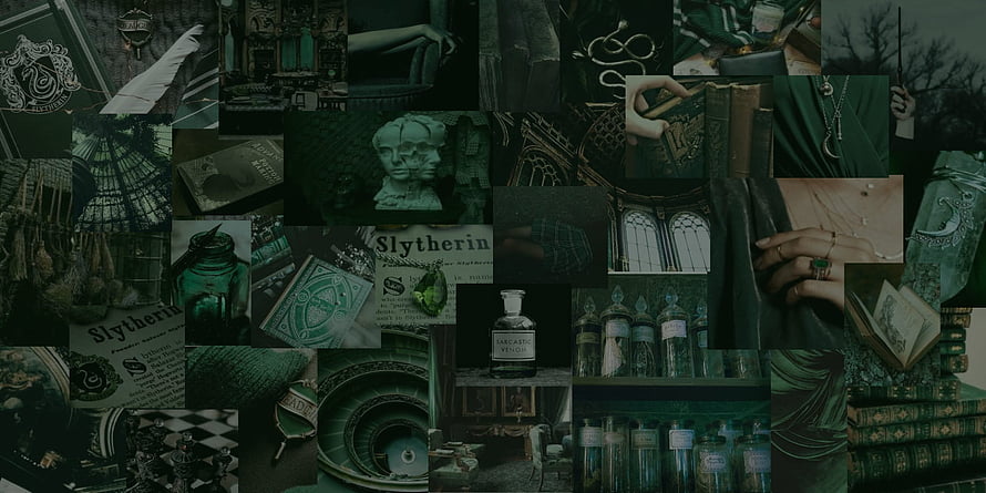 Slytherin House Aesthetic Collage with Dark Green Potions and Vintage Books HD wallpaper