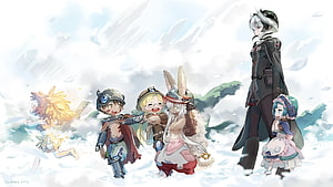 Made in Abyss anime cast walking through a snowy landscape with a tall figure and small companions HD wallpaper