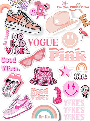 Pink Preppy Aesthetic Sticker Sheet with Nike Air, Leopard Bucket Hat, and Y2K Typography HD phone wallpaper