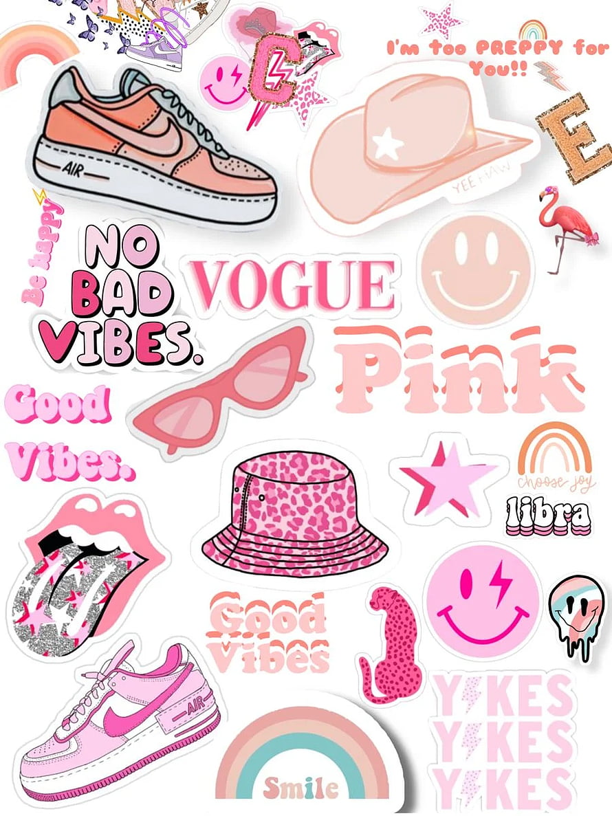 Pink Preppy Aesthetic Sticker Sheet with Nike Air, Leopard Bucket Hat, and Y2K Typography HD phone wallpaper