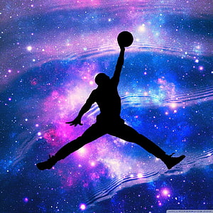 Michael Jordan Silhouette Slam Dunk Against Vibrant Purple and Blue Galaxy Nebula Background HD phone wallpaper