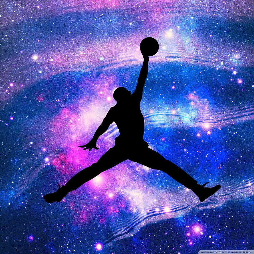 Michael Jordan Silhouette Slam Dunk Against Vibrant Purple and Blue Galaxy Nebula Background HD phone wallpaper