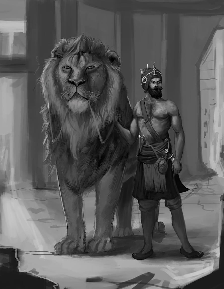 Hari Singh Nalwa and Lion in Monochrome Concept Art HD phone wallpaper
