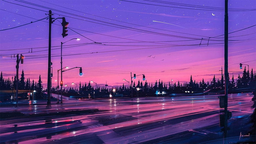Neon Purple Cityscape at Dusk with Wet Street Reflections and Starry Sky HD wallpaper