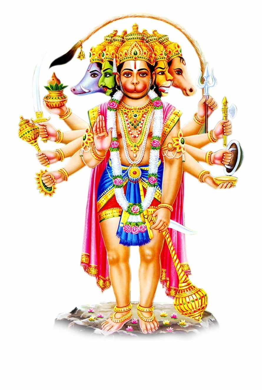 Panchamukhi Hanuman Devotional Illustration with Five Faces and Multiple Arms HD phone wallpaper