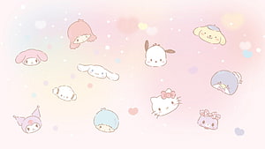 Cute Pastel Sanrio Character Collection on Soft Pink Background HD wallpaper