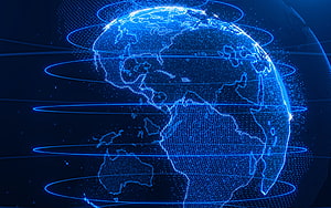 Glowing Blue Digital Earth with Network Orbits and Continental Data Points HD wallpaper