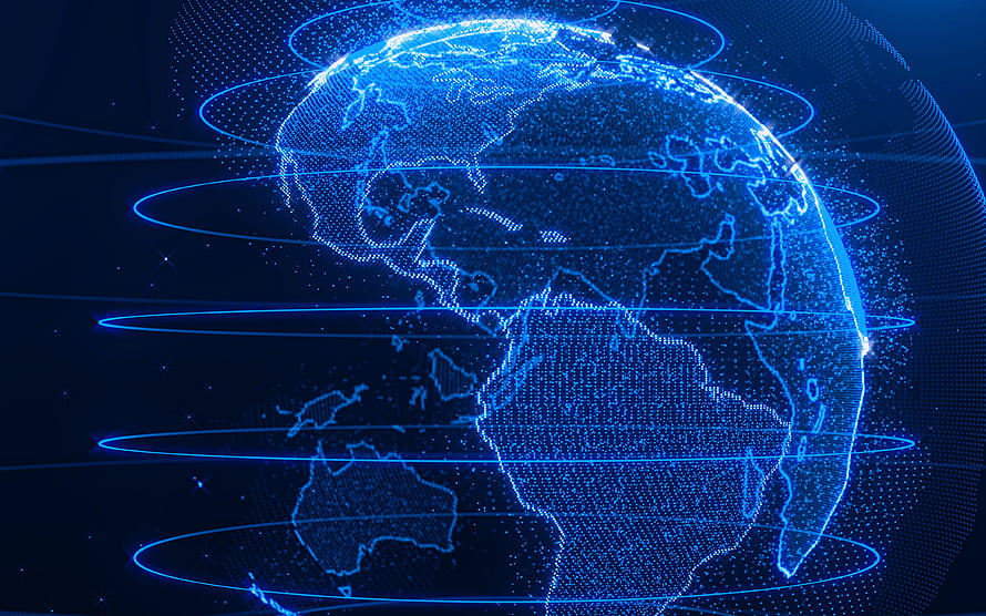 Glowing Blue Digital Earth with Network Orbits and Continental Data Points HD wallpaper