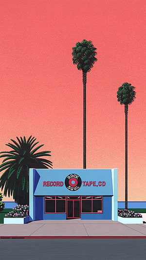 Hiroshi Nagai Retro Record Store Illustration with Palm Trees and Pink Sky HD phone wallpaper