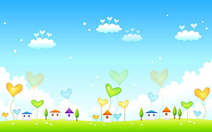 Cute Cartoon Village with Colorful Heart Balloons and Clouds HD wallpaper