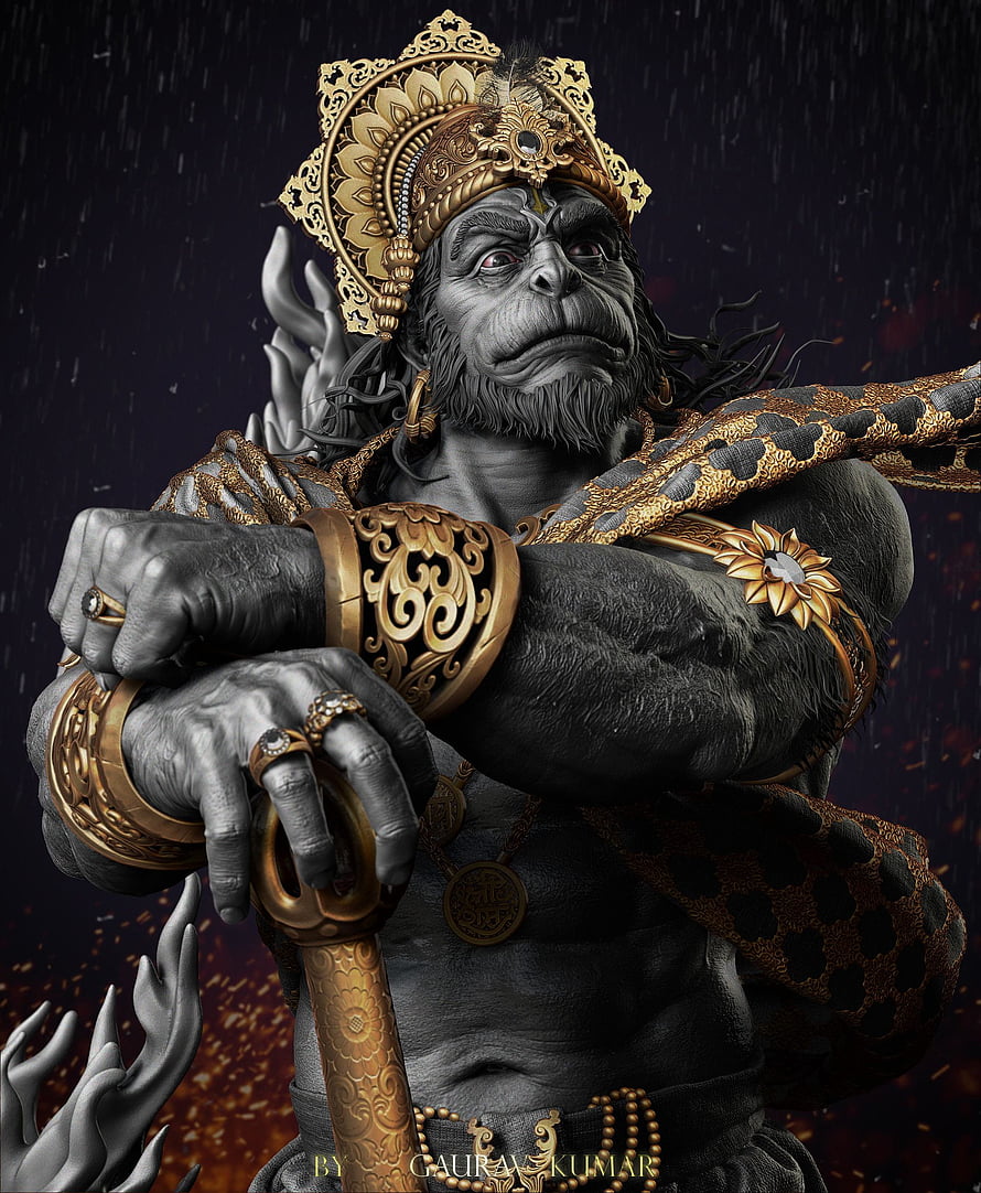 Hanuman in ornate golden armor and crown gripping a sword in a dramatic dark fantasy digital art style, Hanuman for pc. Hanuman HD phone wallpaper