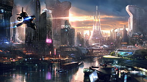 Remember Me Futuristic Cityscape Concept Art with Flying Vehicle at Sunset HD wallpaper