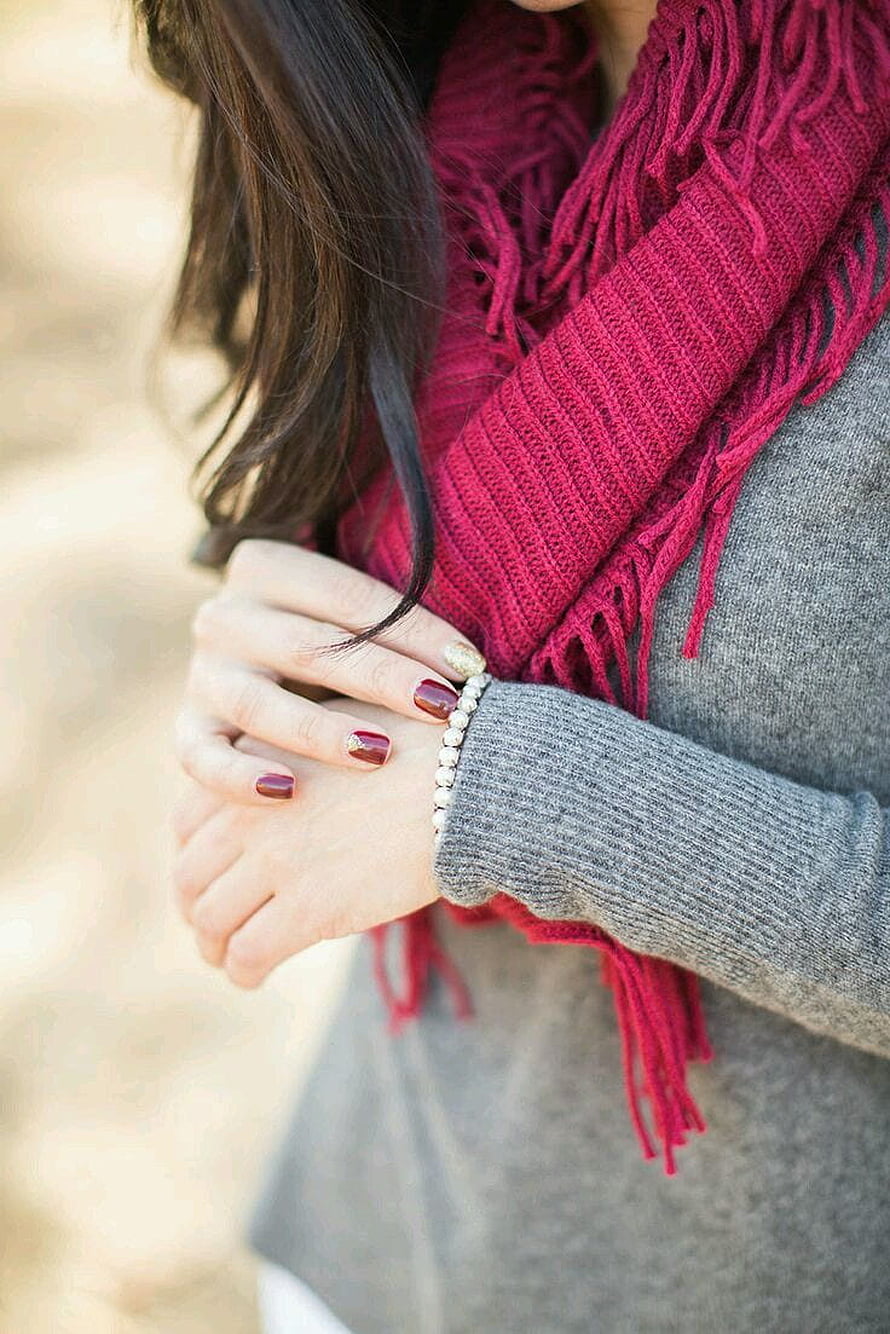 Cozy Winter Portrait of Woman in Grey Sweater and Red Knitted Scarf HD phone wallpaper