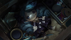 Gwen from League of Legends as a porcelain doll resting in a cluttered wooden chest HD wallpaper