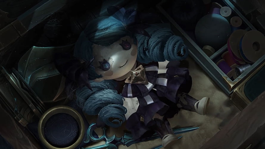 Gwen from League of Legends as a porcelain doll resting in a cluttered wooden chest HD wallpaper