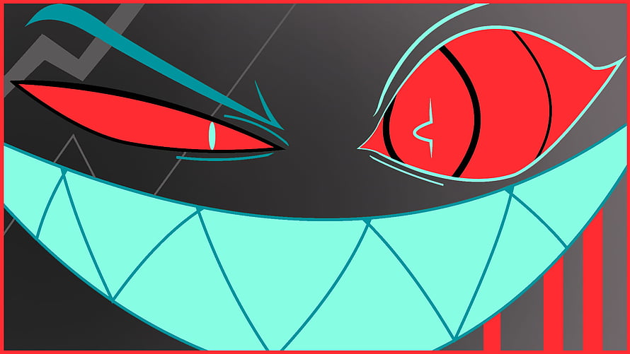 Hazbin Hotel Character Close-Up with Red Eyes and Cyan Grin HD wallpaper