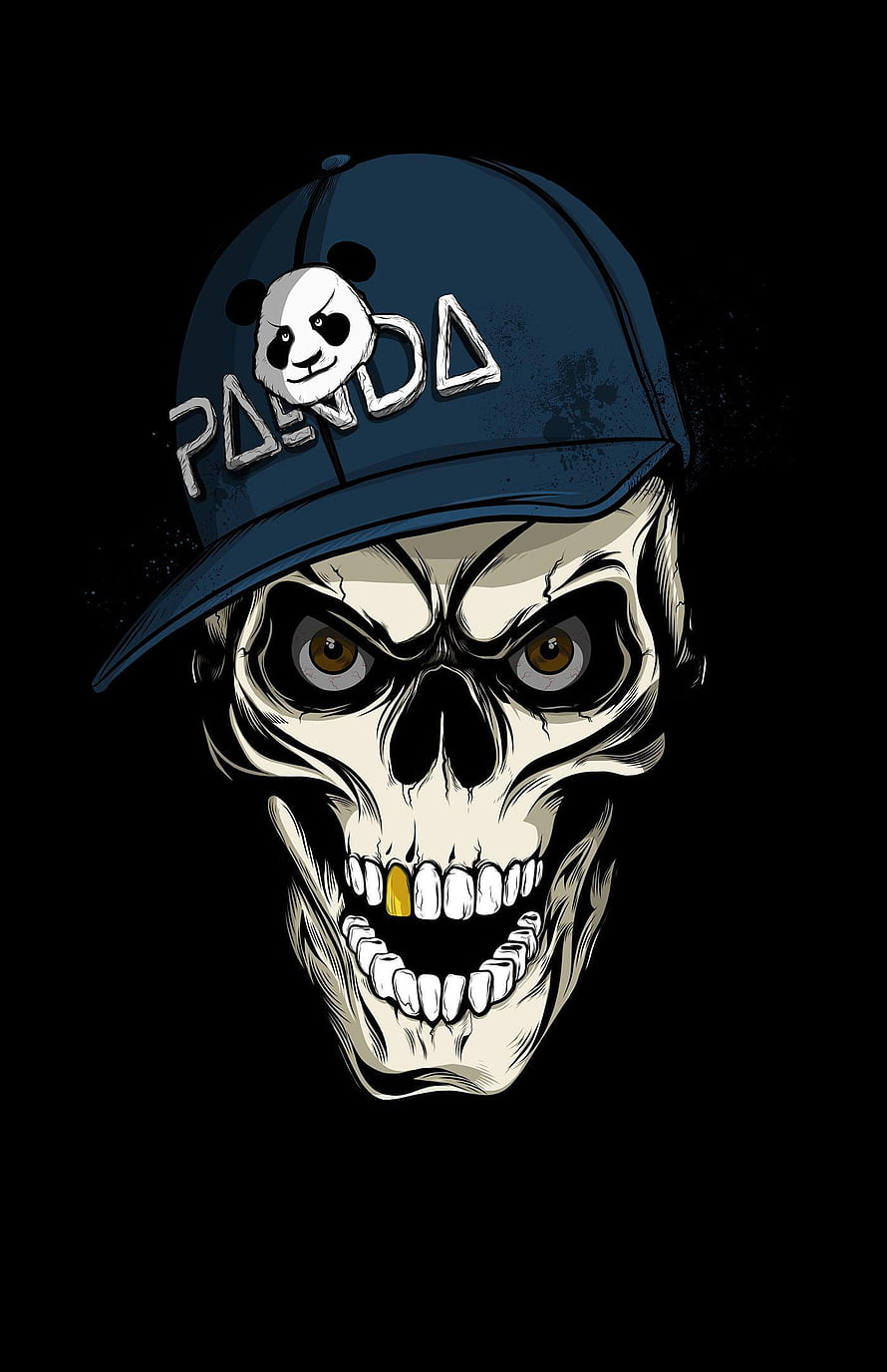 Edgy Skull Wearing Panda Baseball Cap with Gold Tooth on Black Background HD phone wallpaper