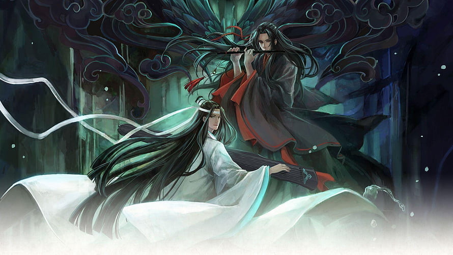 Mo Dao Zu Shi: Wei Wuxian and Lan Wangji Playing Instruments in Ethereal Mist HD wallpaper