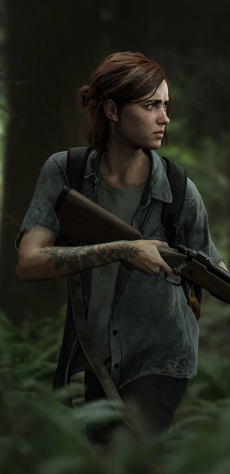 Ellie from The Last of Us Part II holding a rifle in a dark forest setting HD phone wallpaper