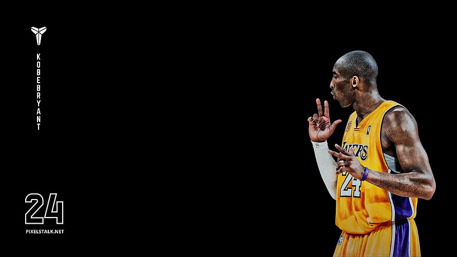 Kobe Bryant in Lakers Jersey Making Three Finger Gesture on Black Background HD wallpaper
