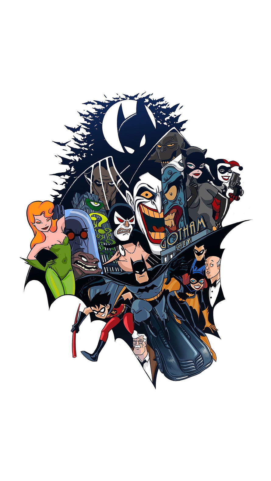 Batman and Gotham City Villains Cartoon Illustration HD phone wallpaper