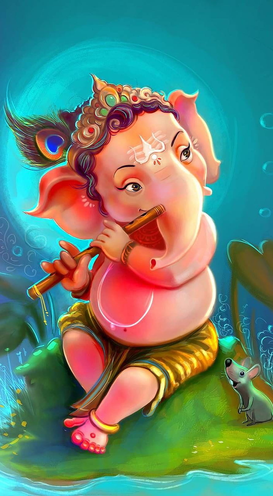 Cute Lord Ganesha Playing Flute with Mouse Companion in Vibrant Digital Art HD phone wallpaper