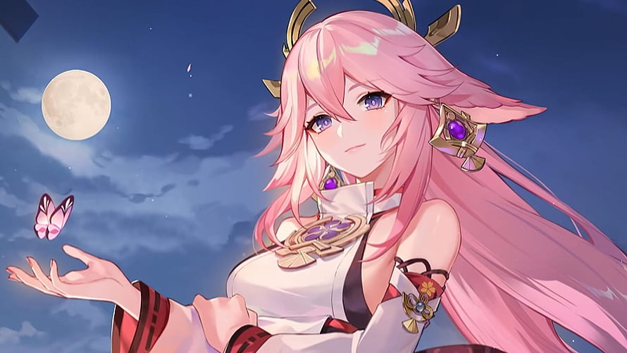 Yae Miko from Genshin Impact Releasing a Butterfly Under a Full Moon HD wallpaper
