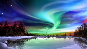 Vivid green aurora borealis swirling over a frozen winter lake with starry night sky HD wallpaper