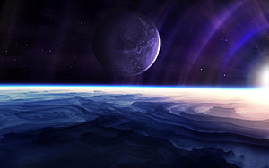 Aerial View of Alien Planet Surface with Large Moon and Aurora in Deep Space HD wallpaper