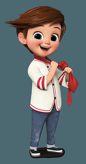 3D Cartoon Boy Character Tying Red Scarf in White Shirt and Blue Jeans HD phone wallpaper