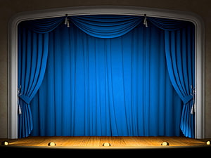Empty Theater Stage With Closed Blue Velvet Curtains And Warm Wooden Floor HD wallpaper