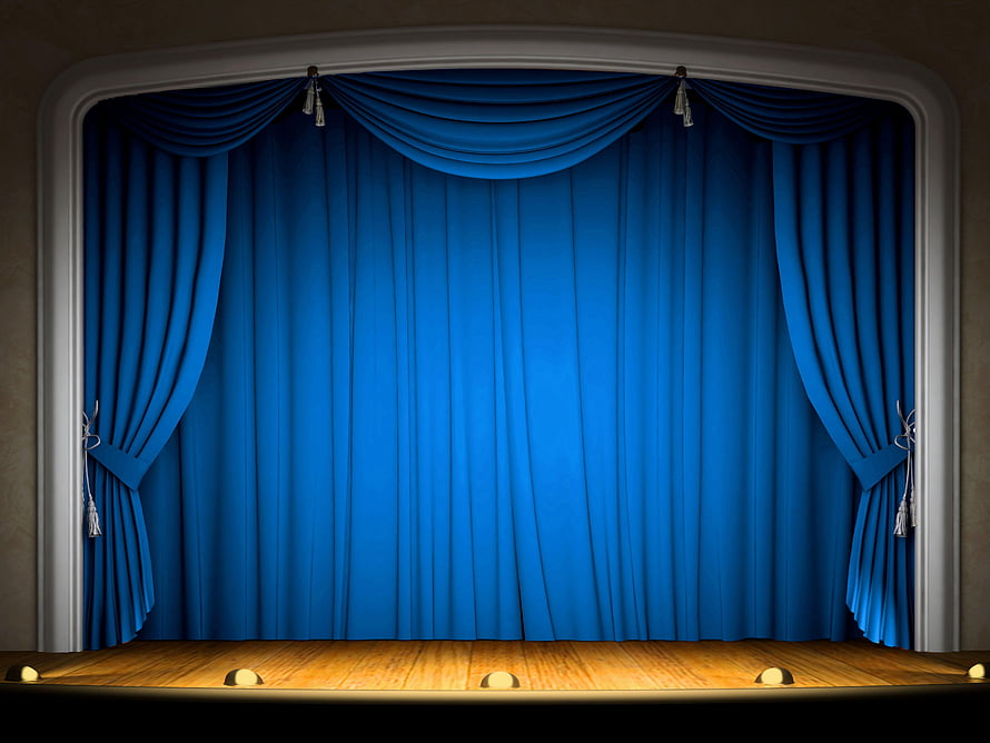 Empty Theater Stage With Closed Blue Velvet Curtains And Warm Wooden Floor HD wallpaper