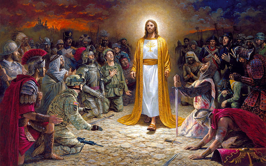 Jesus Christ Standing Before Soldiers From Different Eras in a Dramatic Religious Painting HD wallpaper