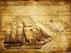 Vintage Nautical Chart Featuring a Tall Ship Sailing Across an Antique Ocean Map HD wallpaper