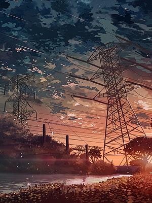 Anime Style Electric Power Lines at Sunset Over a Calm Pond with Lilies HD phone wallpaper