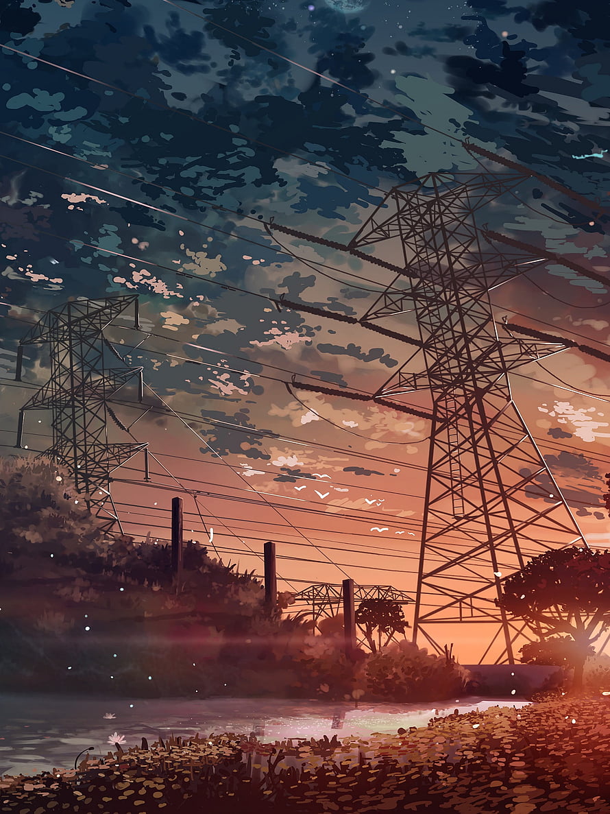 Anime Style Electric Power Lines at Sunset Over a Calm Pond with Lilies HD phone wallpaper