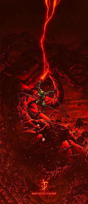 Doom Slayer Wielding Red Lightning Amidst Hellish Chains and Demonic Landscape HD phone wallpaper