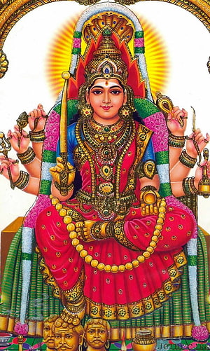 Traditional Indian Painting of Goddess Amman with Multiple Arms and Golden Jewelry HD phone wallpaper